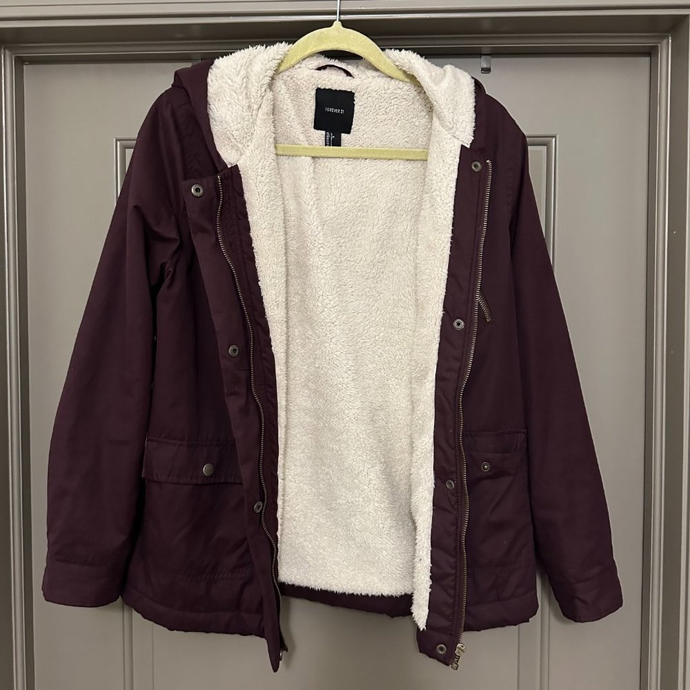 Plush-Lined Women's Hooded Coat in Deep Plum